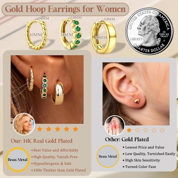 🆕 Women Green Trendy Small Hoop Earrings Twisted Huggie Thick Open Chunky Stack - Picture 6 of 7